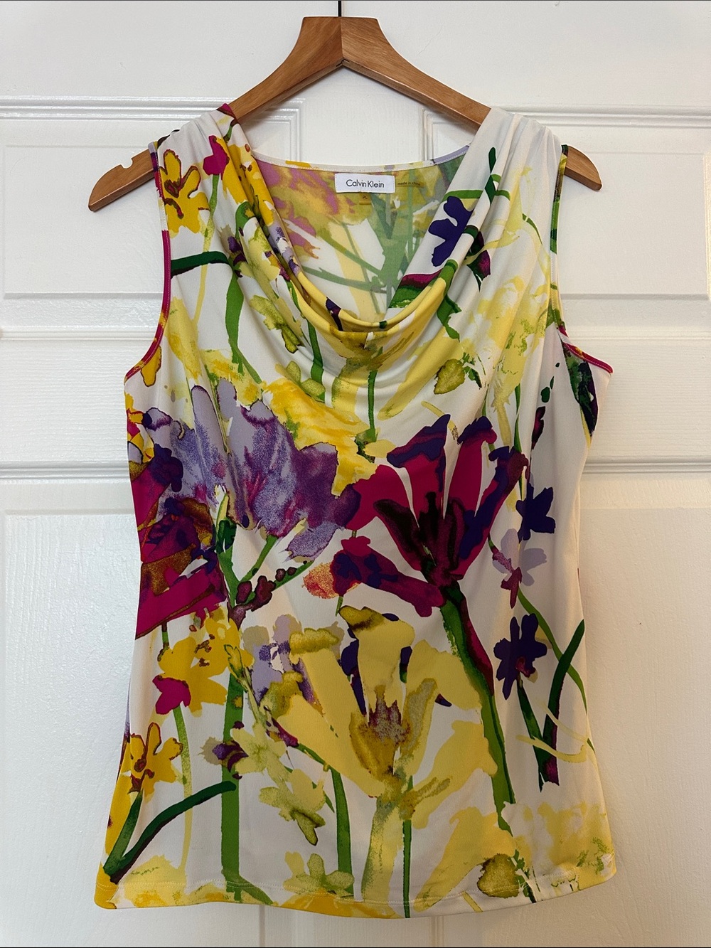 Calvin Klein Floral Cowl Neck Tank - Yellow, Purple, Green - Size PL
